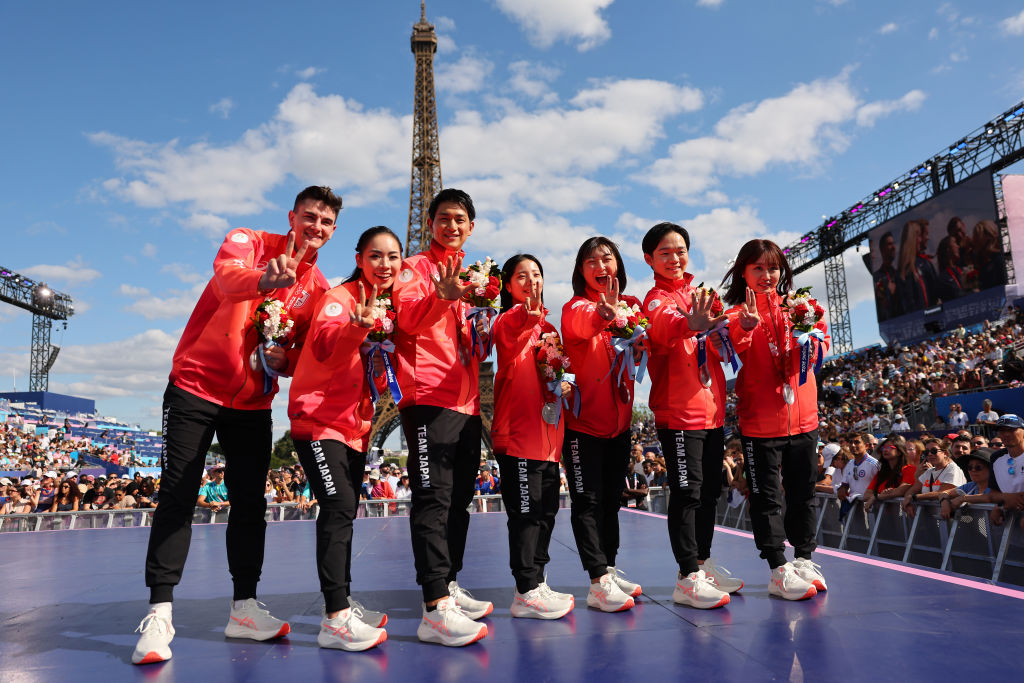 Olympic figure skating Team Japan 2022 Beijing OWG Medal Ceremony Paris 2024 GettyImages 2165727713