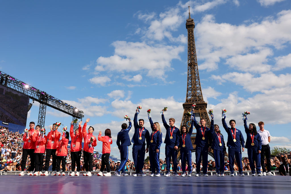 Olympic figure skating teams USA and Japan 2022 Beijing OWG Medal Ceremony Paris 2024 GettyImages 2165727088