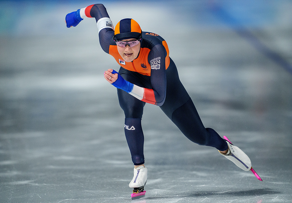 Angel Daleman (NED) in action in the Speed Skating Womens 500m at the Gangneung Oval