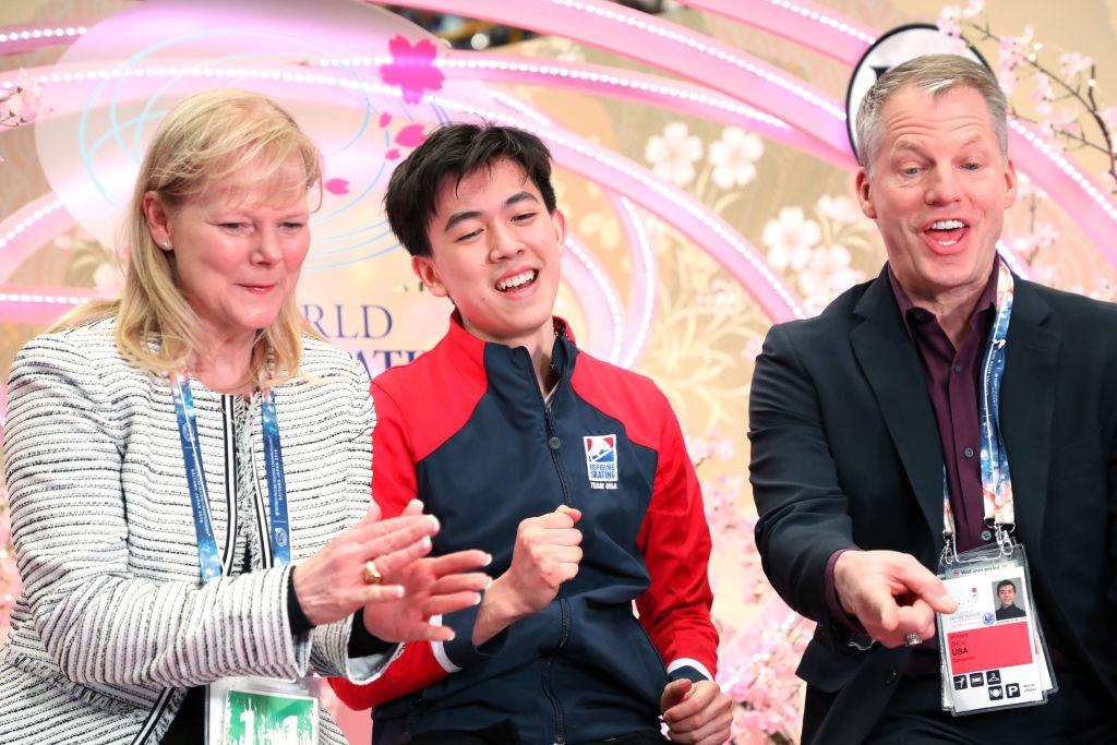 Vincent Zhou with coaches Gambill and Tom Zakrajsek WFSC 2019©International Skating Union (ISU) 1137760931