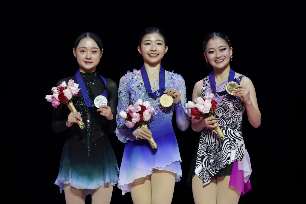 Chaeyeon Kim (KOR), Mone Chiba (JPN) and Rinka Watanabe (JPN) at the Four Continents Championships in Shanghai (CHN)