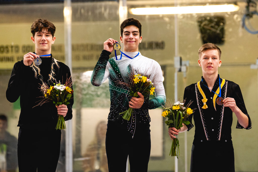 Jacob Sanchez (USA), Adam Hagara (SLO) and Genrikh Gartung (GER) Junior Grand Prix Ljubljana GettyImages 2175863598