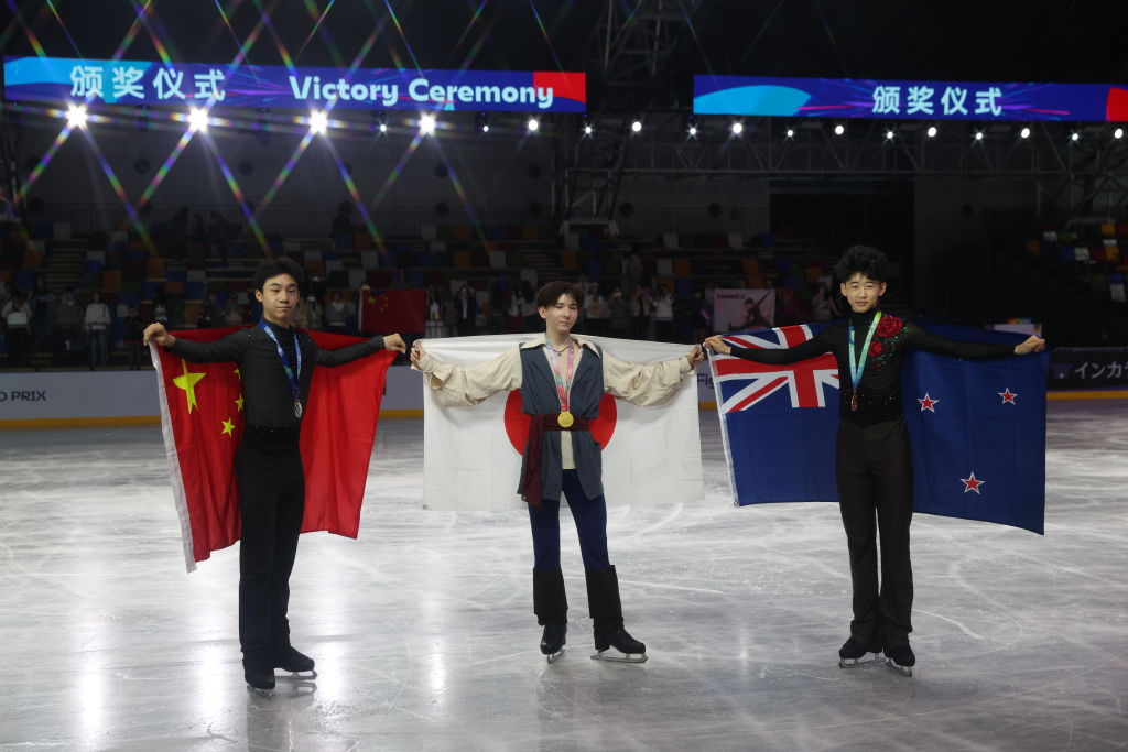 Rio Nakata (JPN) , Tonghe Tian (CHN) and Yanhao Li (NZL)  ISU Junior 2024 Wuxi (CHN) GettyImages 2177169937