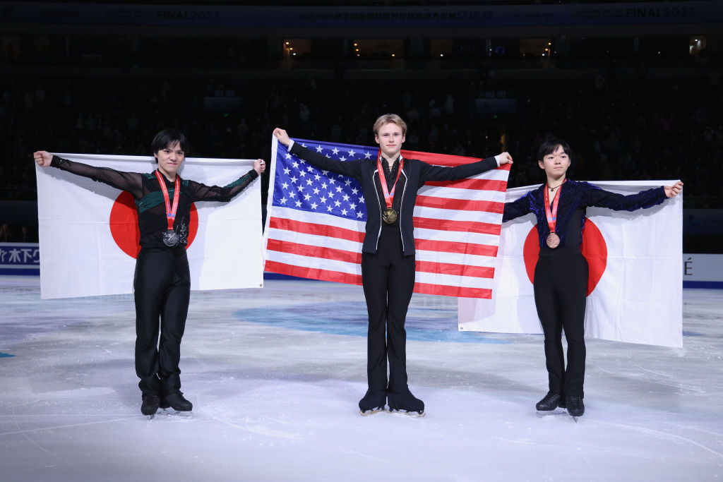 Shoma Uno (JPN), Ilia Malinin (USA) and bronze Yuma Kagiyama (JPN) ISU Grand Prix Final Beijing (CHN) ISU 1842624247