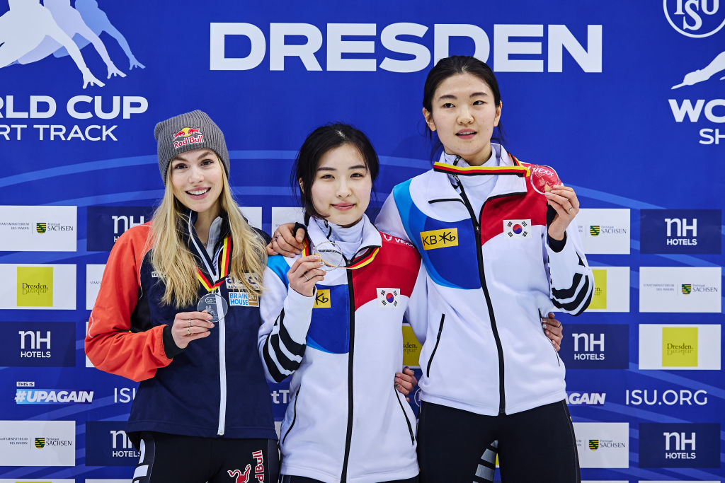 Anna Seidel (GER), Kim Gilli (KOR) and Suk Hee Shim (KOR)  ISU World Cup Short Track 2023 Dresden (GER) GettyImages 1463120918