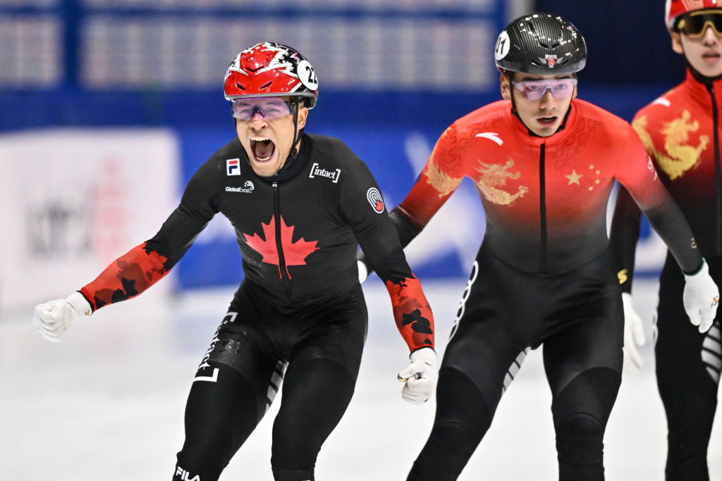 Jordan Pierre-Gilles of Canada reacts after finishing first in the men's 500m final during the ISU World Cup Short Track in Montreal