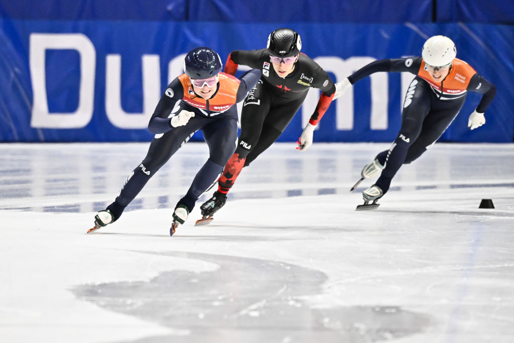 Xandra Velzeboer (NED) skates ahead of Rikki Doak (CAN) in the women's 500m final at Maurice Richard Arena on October 28, 2023 in Montreal