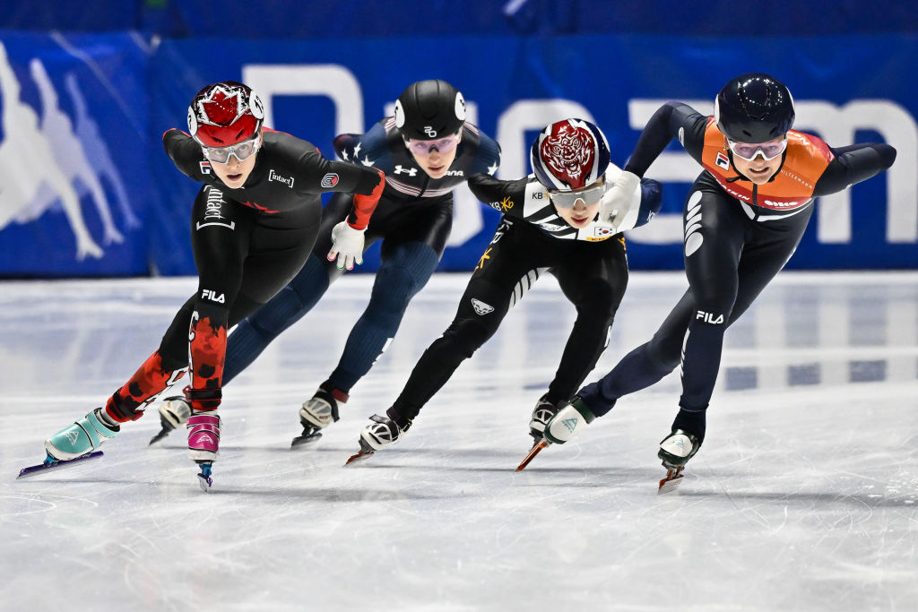 Danaé Blais (CAN), Kristen Santos Griswold (USA) Kim Gilli (KOR) and Xandra Velzeboer (NED) ISU World Cup Short Track 2023 Montreal (CAN) GettyImages 1739483289