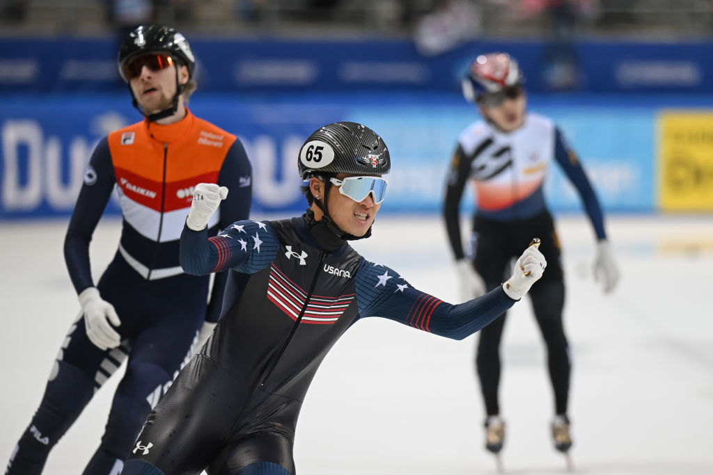 Andrew Heo leads the USA home in the Mixed Relay in Dresden