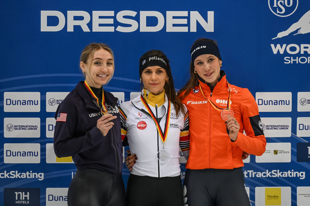 Kristen Santos-Griswold, Hanne Desmet and Suzanne Schulting on the 1500m podium in Dresden