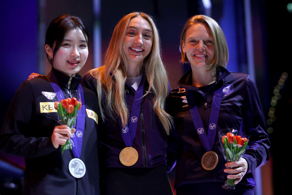The Women's 1000m podium at the World Championships