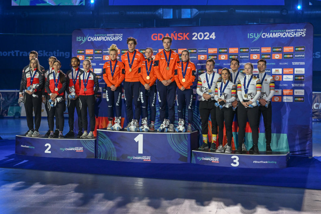 The podium of the mixed relay in Gdansk