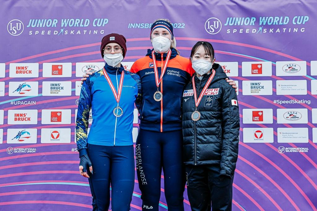 Alina Dauranova Pien Smit Yukino Yoshida ISU Junior World Cup Speed Skating Innsbruck 2022©ISU 1366219433