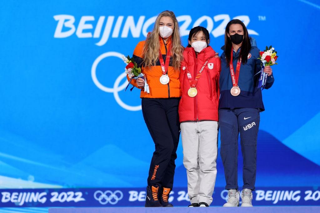 Miho Takagi, Jutta Leerdam, Brittany Bowe Medal Ceremony Beijing OWG 2022 ©Getty Images 1371293442