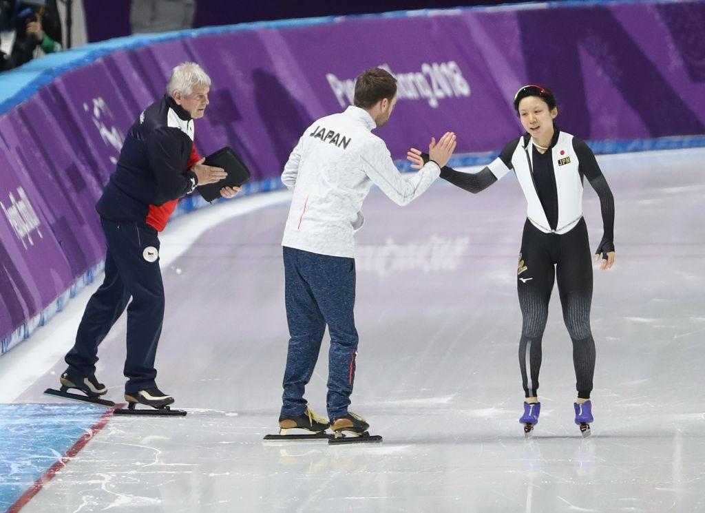 Miho Takagi (JPN) and Coach Johan de Wit Olympic Winter Games 2022 Pyeongchang (KOR) GettyImages 918122956