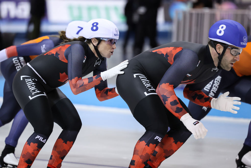 Canada's Ivanie Blondin and Antoine Gélinas-Beaulieu in the Mixed Gender Relay