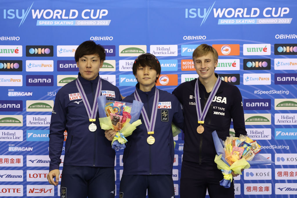 Shinhama, Morishige and Stolz on the 500m podium in Obihiro