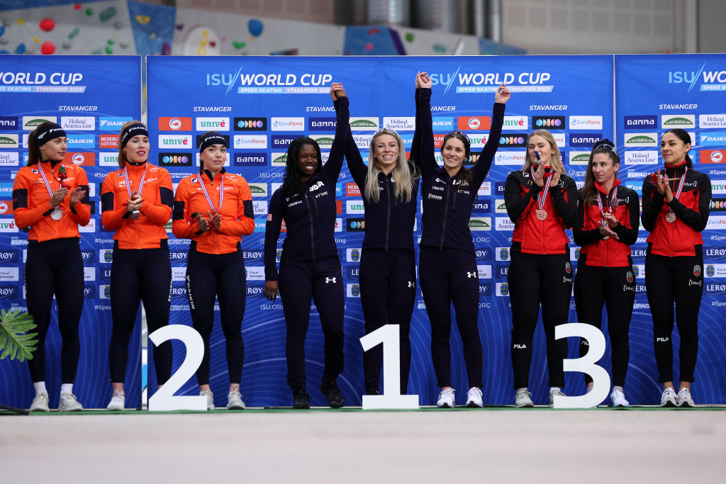 The podium of the women's Team Sprint in Stavanger