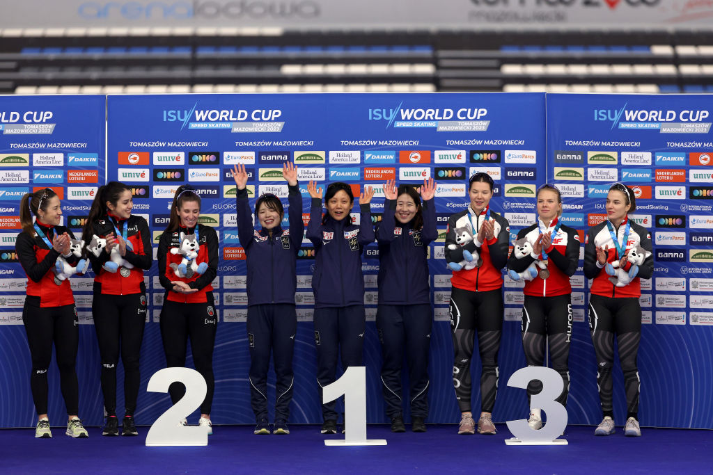 Women's Team Pursuit podium, Canada, Japan and Poland