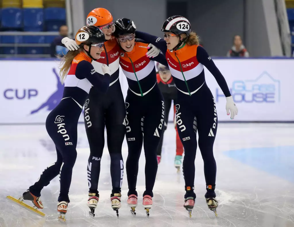 Rianne de Vries, Suzanne Schulting, Yara van Kerkhof and Lara van Ruijnen (NED) celebrate winning the ISU Short Track World Cup in Almaty (KAZ)1070346540