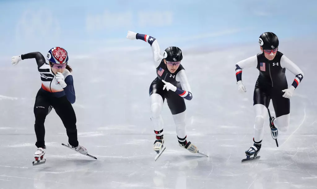 Minjeong Choi (KOR), Kristen Santos (USA) Corinne Stoddard (USA)  Olympic Winter Games Beijing 2022 GettyImages 1369936119