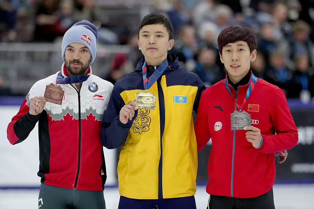 Charles Hamelin (CAN), Abzal Azhgaliyev (KAZ),Tianyu Han (CHN)  2016 ISU World Cup Short Track Salt Lake (USA) ISU 623052954