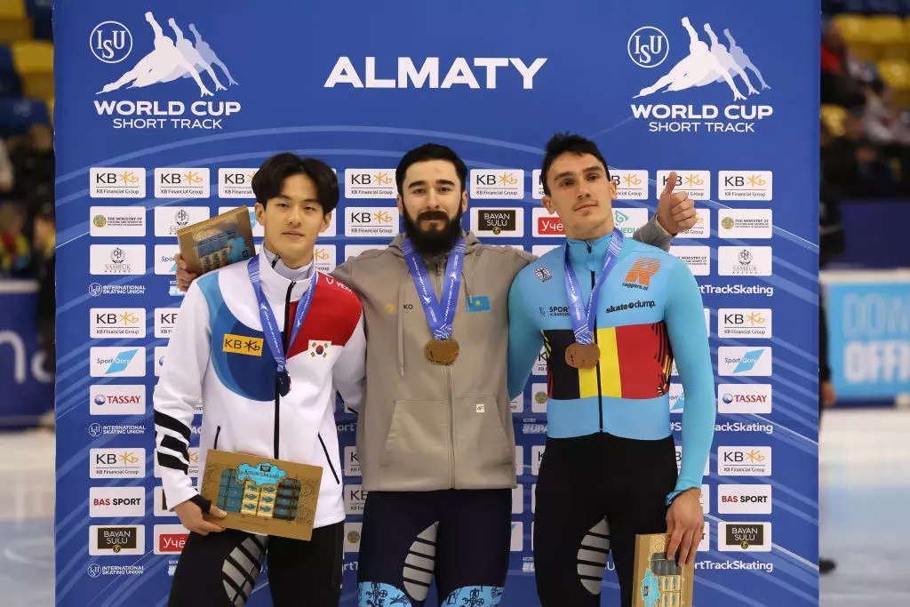Jang Sungwoo (KOR) Denis Nikisha (KAZ) and Stijn Desmet (BEL) ISU World Cup Short Track Almaty (KAZ) GettyImages 1450020667