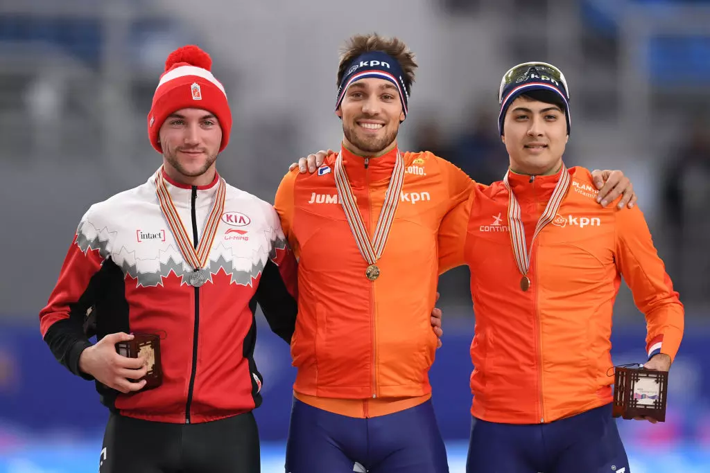 Vincent De Haitre (CAN), Kjeld Nuis (NED) and Kai Verbij (NED) at the ISU World Speed Skating Single Distances Championships in Gangneug 2017