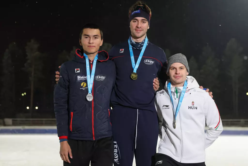 John Granli (NOR), Kasper Tveter (NOR) and Botond Bejczi (HUN) ISU Junior World Cup Speed Skating GettyImages 1446880795