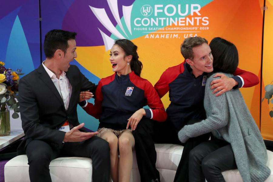 Madison Chock and Evan Bates (USA) with coaches Romain Haguenauer and Marie France Dubreuil FCFS 2019©ISU 1128794432