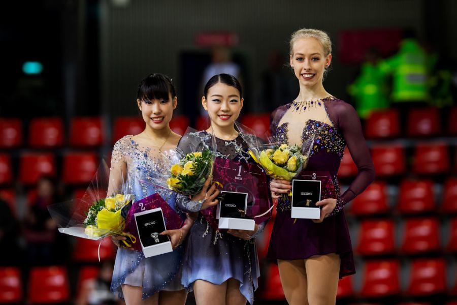 GP FRA Mai Mihara (JPN),Rika Kihira(JPN) and Bradie Tennell (USA)2018©International Skating Union (ISU)  1064914918